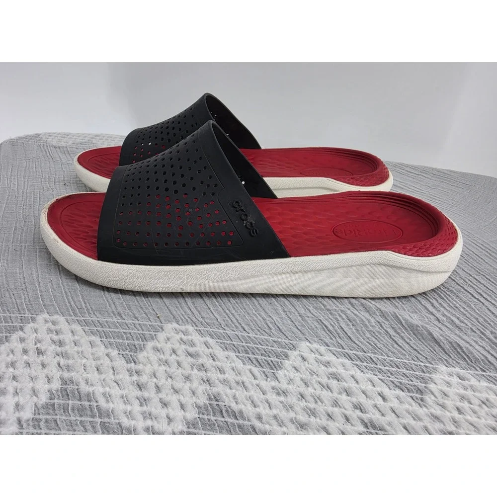 Crocs LiteRide Slides Mens 13 Black Red White Athletic Comfort Sandals 205183